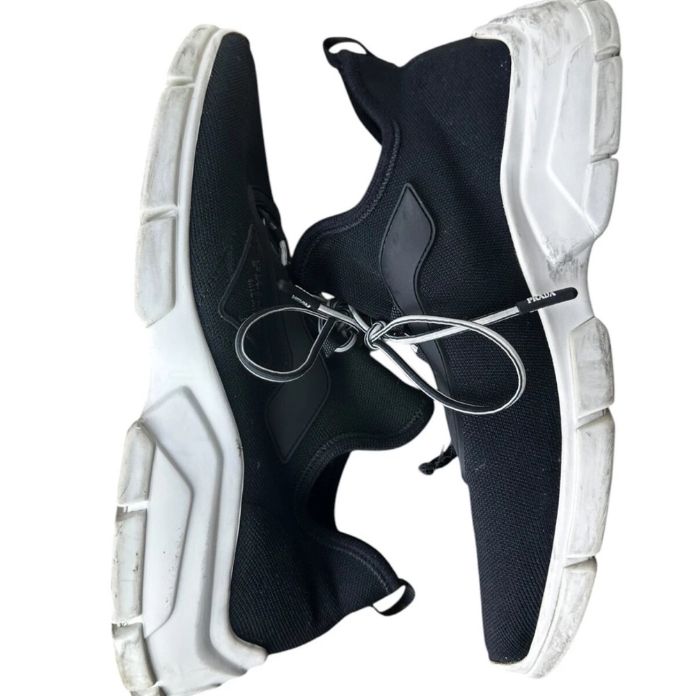 Prada Knit Lace Up Black Trainer Sneakers Shoes Black White Size 38.5 8.5 - Picture 2 of 13
